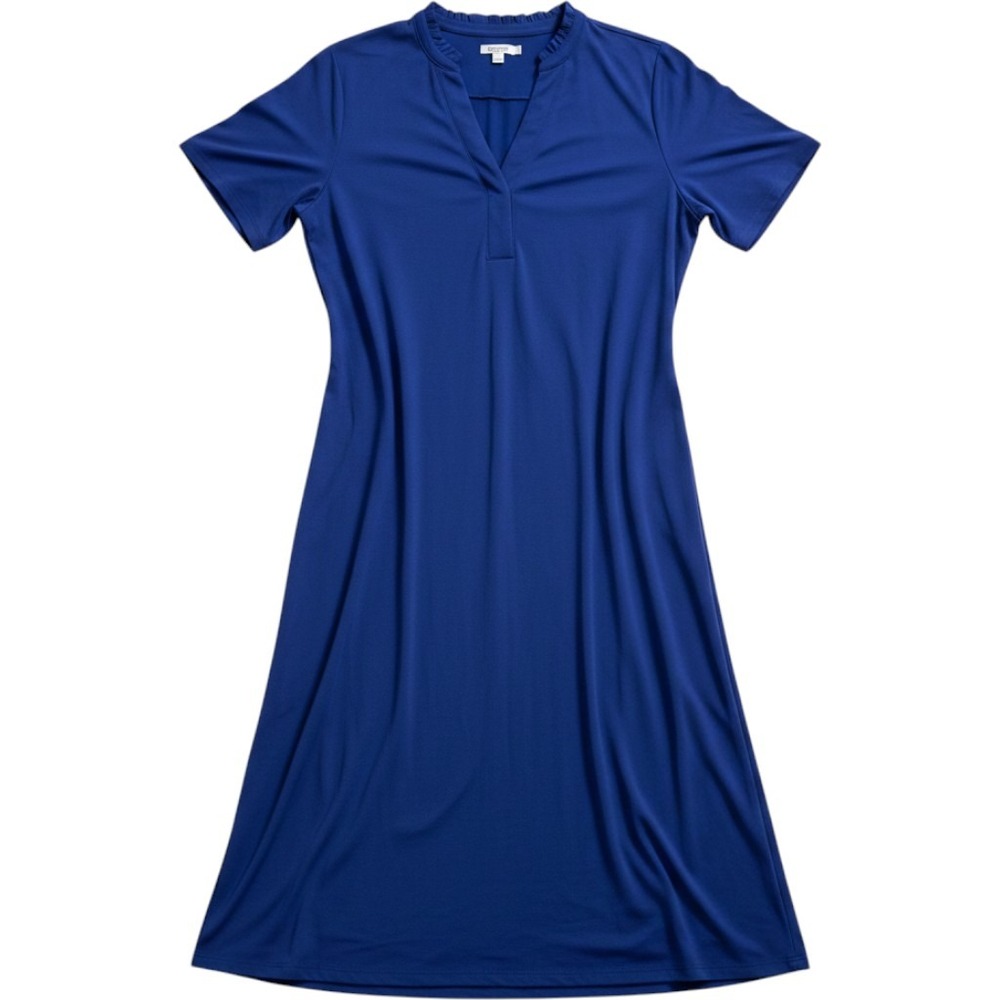 NWT Chico's Blue Casa Ruffle Y-Neck Short Dress Pockets XL Size 3 Minimalist